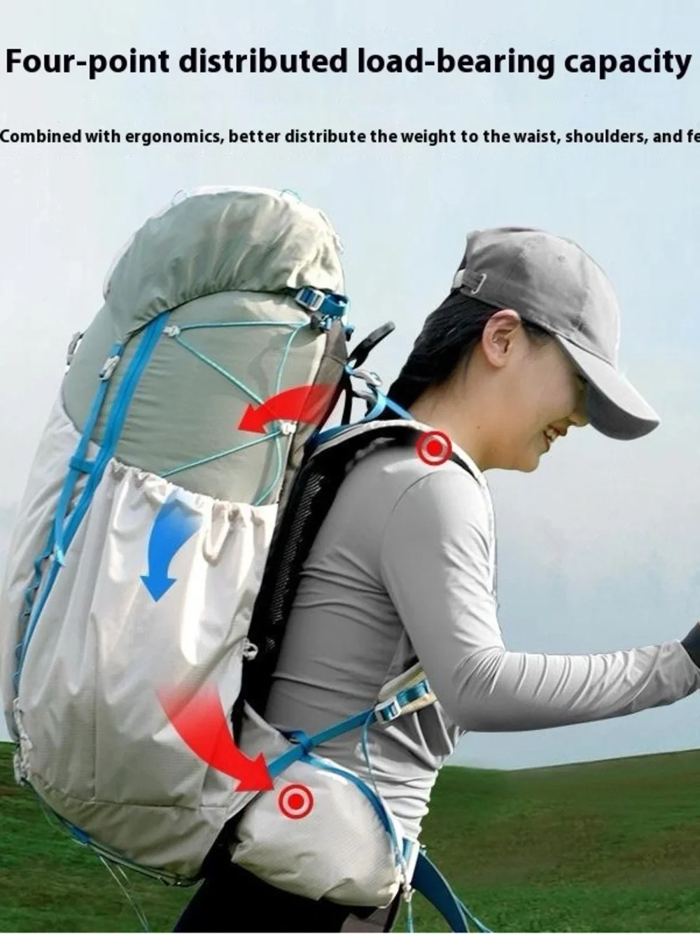Lightweight Hiking Backpack in Light Gray with Blue Accents